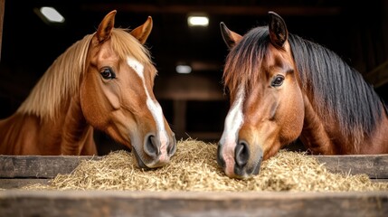 Obraz premium Two beautiful horses in a rustic stable, peacefully enjoying hay, reflecting companionship, calmness, and the bond between domesticated animals and humans in an idyllic pastoral setting.