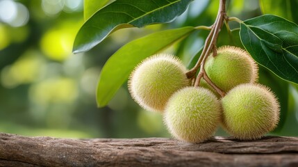 This image showcases a cluster of round, fuzzy green fruits hanging from a branch with vibrant leaves, illuminated by soft natural light in a blurred background.