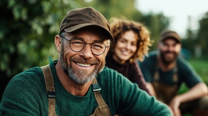 A group of three smiling farmers, radiating happiness, dressed in casual work attire and ready to take on agricultural challenges amidst a rich, green backdrop.