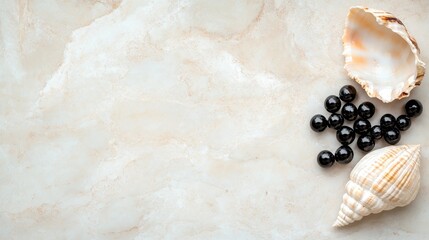 A serene arrangement of seashells and glossy black beads set against a soft marble background, evoking feelings of calm and seaside memories perfect for decor or design.