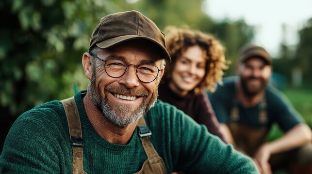 A group of three smiling farmers, radiating happiness, dressed in casual work attire and ready to take on agricultural challenges amidst a rich, green backdrop.