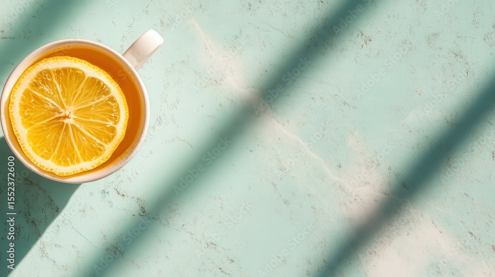 Poster a vibrant image featuring a cup of tea with a slice of lemon floating, complemented by a turquoise s