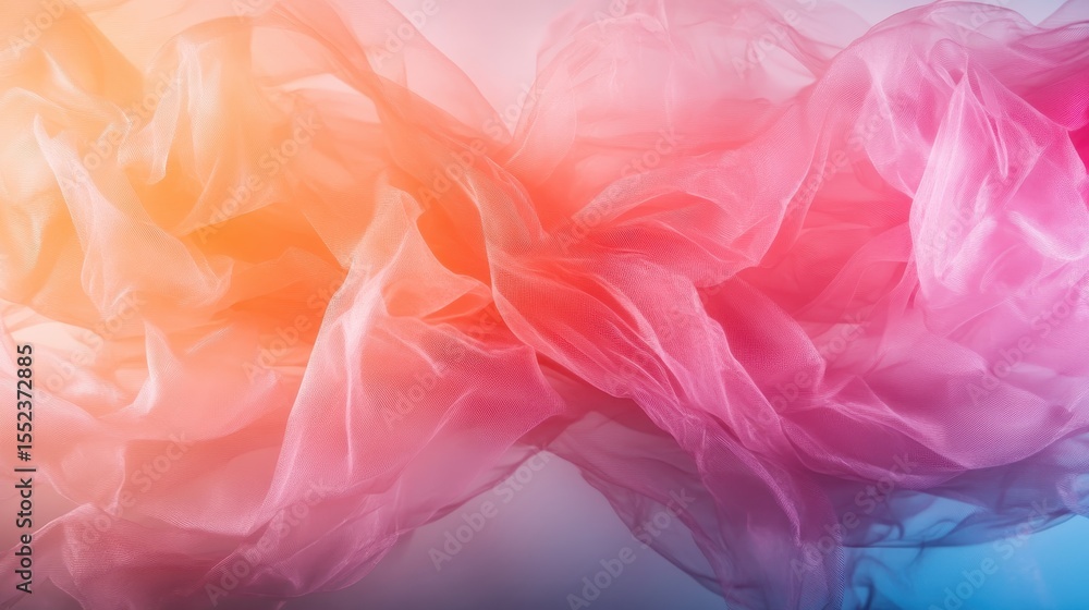 Poster an artistic display of layered, soft fabric in warm colors, creating an ethereal and dreamy atmosphe