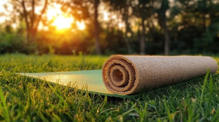 A rolled yoga mat rests on lush green grass at sunset, symbolizing wellness, peace, and mindfulness, inviting practitioners to embrace tranquility and self-care.