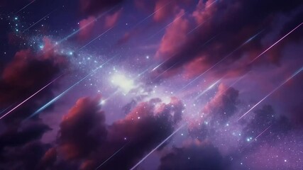 A dreamy sky filled with pink clouds and shooting stars creating a magical celestial atmosphere