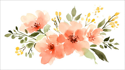 Elegant watercolor floral bouquet with peach flowers, soft yellow buds, and lush green leaves. Ideal for wedding invitations, greeting cards, or botanical-themed designs.