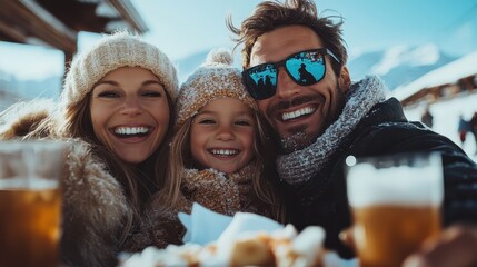 A joyful family poses in a snowy setting, wearing winter attire and smiling brightly, capturing a moment of happiness and togetherness during the cold season.