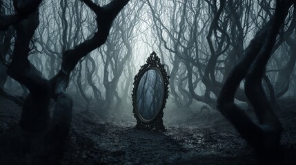 A vintage mirror standing alone in a dark, twisted forest, evoking a sense of mystery and enchantment. The eerie atmosphere is enhanced by the fog and gnarled trees surrounding it. © silver bug