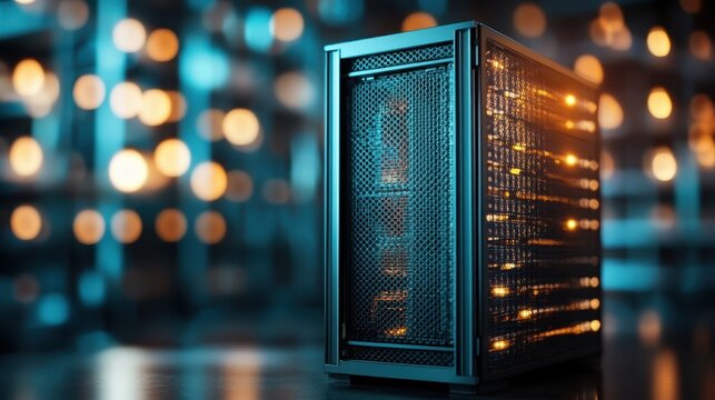 An impressive futuristic computer tower glowing with vibrant lights, symbolizing innovation and technology in the digital era, showcasing modern design and advanced engineering.