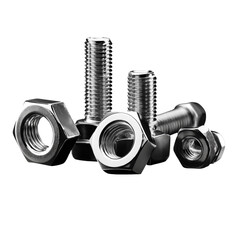 Macro closeup of chrome metal nuts and bolts, isolated on a white background, perfect for industrial hardware and construction themes