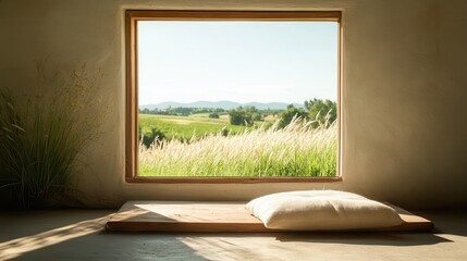 A minimalist interior showcases a tranquil window view overlooking verdant rolling hills, inviting feelings of peace, openness, and a connection to the great outdoors.