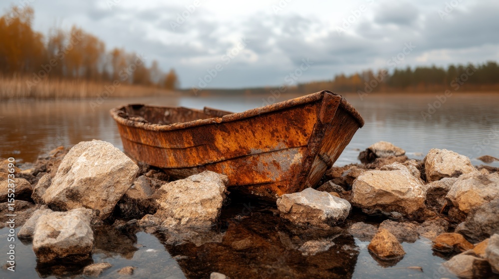 Poster a weathered and rusty boat rests among rocks by a tranquil river with soft clouds reflecting a seren