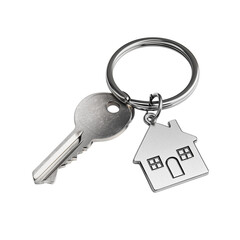 A silver house key on a ring, symbolizing home security and real estate success, isolated against a white background