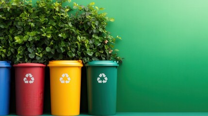 A vibrant display of recycling bins in various colors, visually promoting sustainability and environmental consciousness, set against a fresh green backdrop symbolizing nature.