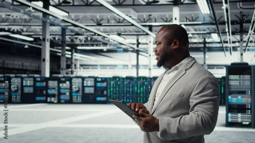 Poster engineer working in server farm using tablet to analyze data. it professional examining infrastructu