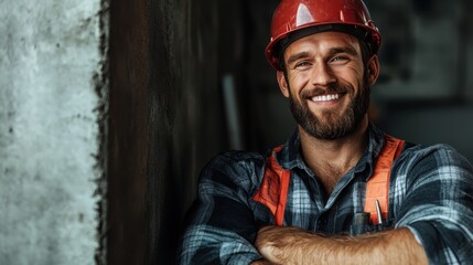 A cheerful construction worker in a red hard hat and flannel shirt smiles confidently while posing at a construction site, symbolizing teamwork and dedication in building projects.