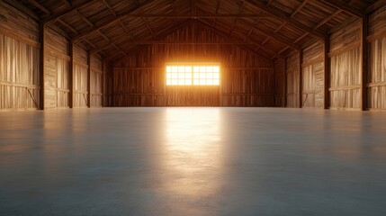 Fototapeta premium A beautifully lit rustic barn interior with wooden walls and a bright window that creates an inviting atmosphere. Ideal for projects looking for warmth and charm.