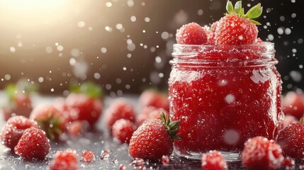 A jar of homemade strawberry jam surrounded by fresh strawberries, droplets of water capturing the essence of summer and sweetness in every bite.
