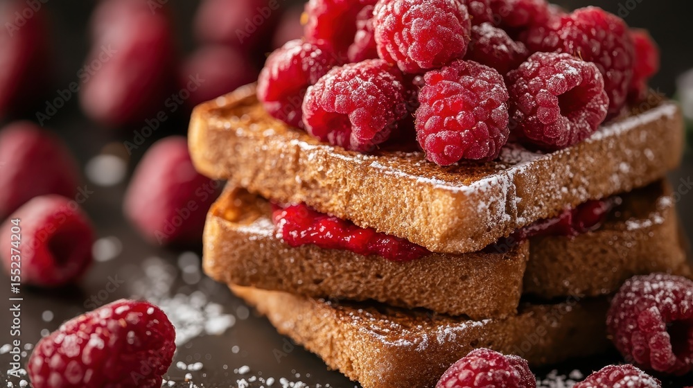 Poster an appetizing display of gourmet toast, generously layered with raspberry jam and fresh raspberries,