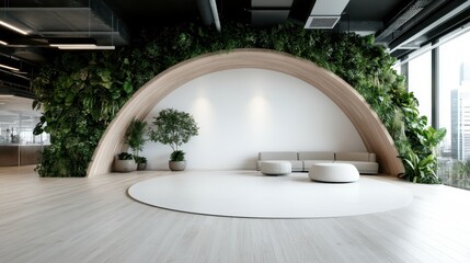 A stunning interior of a modern office with a green wall, showcasing the fusion of nature and design, promoting sustainability and a peaceful work environment for creativity.