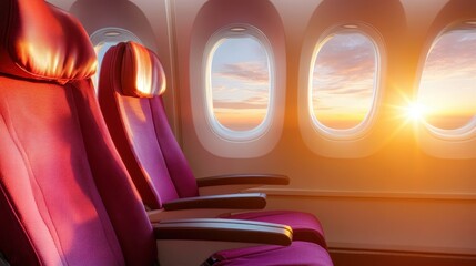 Enjoy a breathtaking view of the sunset seen through an airplane window, capturing the soft glow and peaceful ambiance of a serene flight experience for passionate travelers.