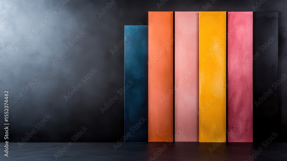 Poster a visually striking composition of colorful vertical strips set against a dark background, evoking a