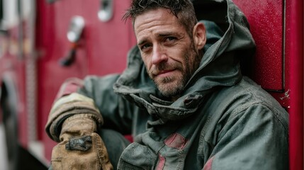 Fototapeta premium A rugged firefighter in a worn-out jacket rests against his truck, showcasing the emotional toll of his challenging profession with resilience and strength evident in his expression.