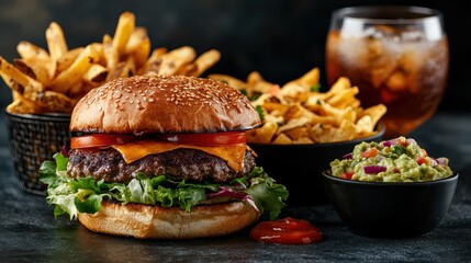 An appetizing hamburger paired with crispy fries and a refreshing drink creates a mouth-watering food shot that captures the essence of a delicious meal experience.