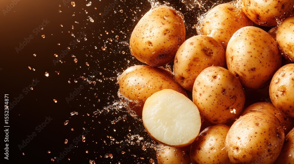 Poster a dynamic image capturing fresh potatoes splashing into water against a dark backdrop, highlighting 