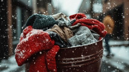 A vibrant pile of winter clothing covered in snow, showcasing a variety of textures and colors in a seasonal setting, evoking a sense of warmth amidst the cold.