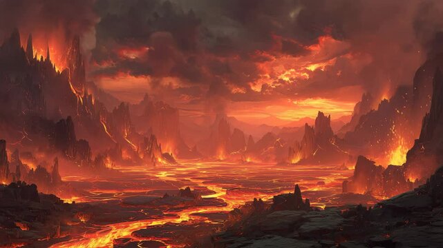 灼熱の火口が広がる地獄の岩山風景