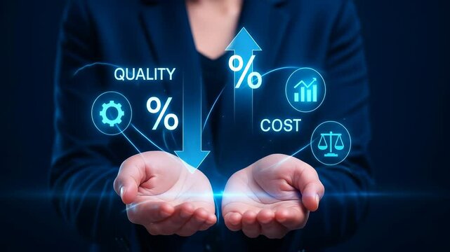 Quality, percentage, cost, business, finance, and efficiency improvement with glowing icons and arrows professional setting, symbolizing balance and cost reduction for business finance efficiency