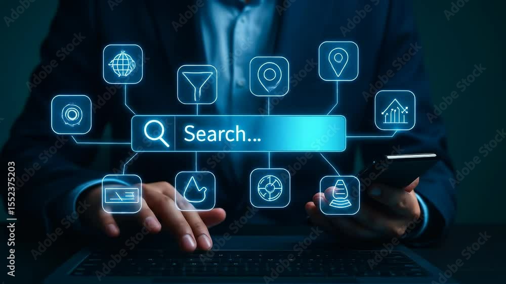Aufkleber Search Internet Technology Digital Business Data Network Online Information Connection Visualized as Businessperson Uses Laptop Smartphone with Digital Interface Icons Representing Modern Online Data