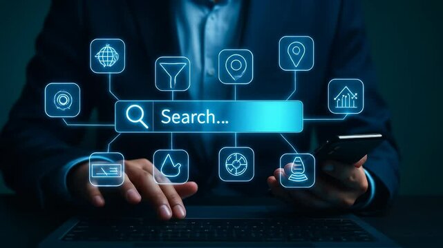 Search Internet Technology Digital Business Data Network Online Information Connection Visualized as Businessperson Uses Laptop Smartphone with Digital Interface Icons Representing Modern Online Data