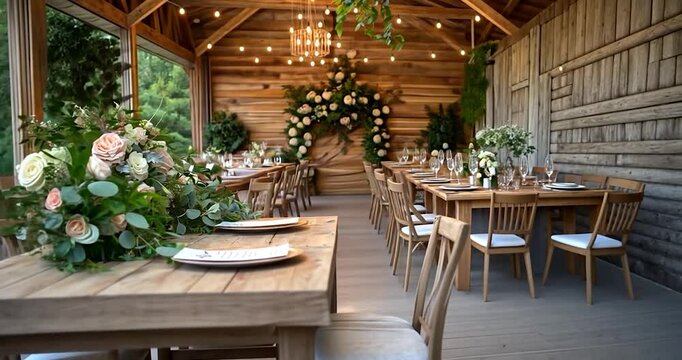 Elegant banquet setup with floral arrangements and wooden tables under warm lighting in an outdoor setting