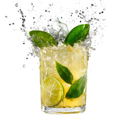 A refreshing glass of green mojito with lime, mint, and ice, perfect for a cool summer drink