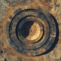 aerial view of circular solar grid in dry terrain, geometric layout