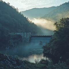Fototapeta premium hydroelectric dam in green valley, early morning light, mist rising