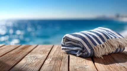 Blue and White Striped Beach Towel on Wooden Deck