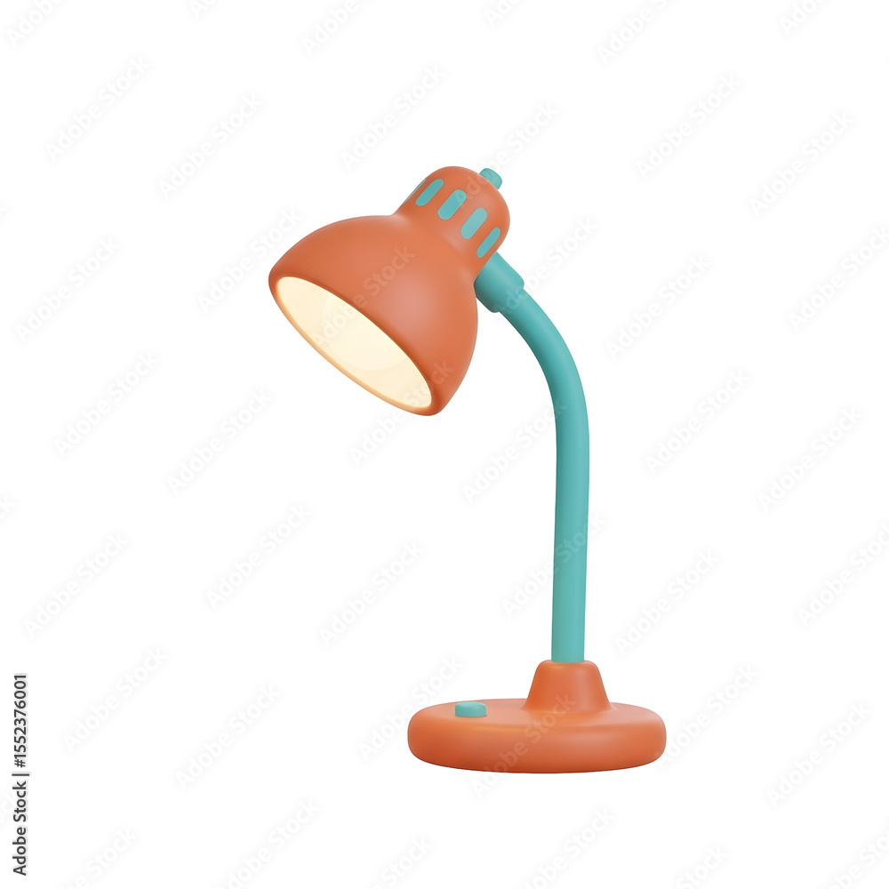 Poster 3d render of a desk lamp featuring orange shade and base, teal arm, lit bulb emitting soft glow agai