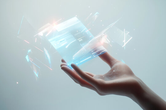 Invoice history dashboard with status tags and data table, floating above hand. Glowing clean layout, white background.