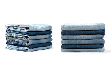 Stack of blue jeans isolated on white background.