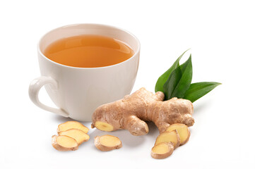 Cup of hot ginger tea with ginger slice and leaves isolated on white background.
