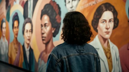 Woman observing diverse mural depicting historical female figures