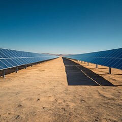 solar panels in desert under clear sky, minimal shadows, wide angle