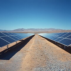 solar panels in desert under clear sky, minimal shadows, wide angle