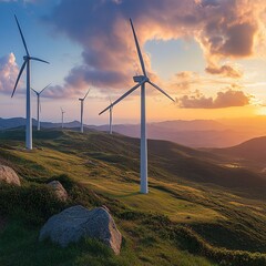 wind turbines on grassy hills at sunset, panoramic view, soft lighting