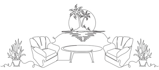 continuous line living room with wall decoration and flowers on white background, for greeting card decoration and others