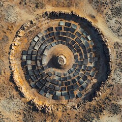 aerial view of circular solar grid in dry terrain, geometric layout