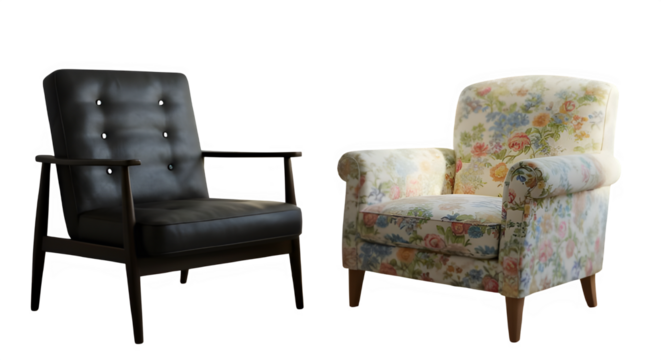 A couple of chairs sitting next to each other isolated on white background.